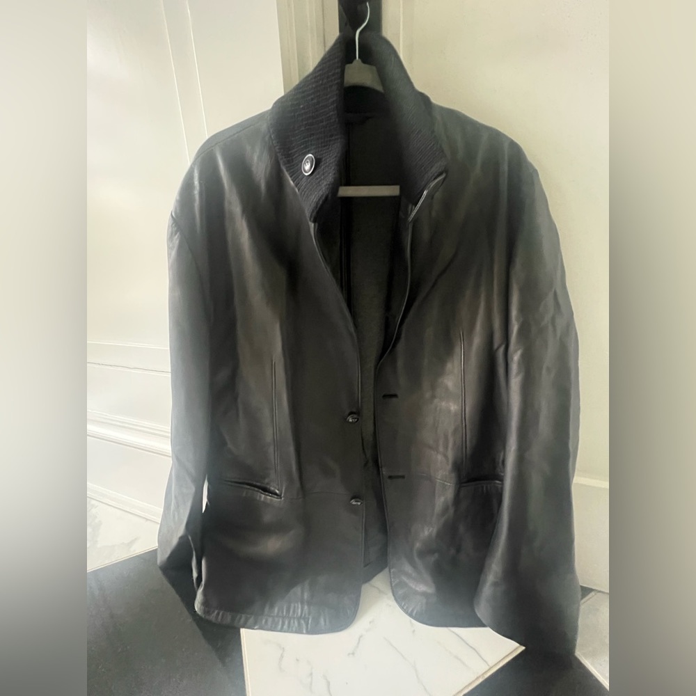 Armani black leather jacket. The leather is super soft! Size 50 xl
